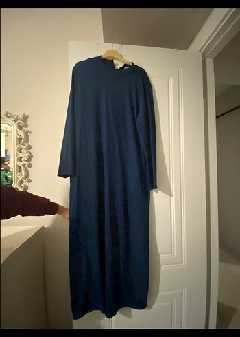 Lacivert Uzun Kollu Salaş Keten Elbise - Görsel 3