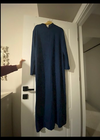 Lacivert Uzun Kollu Salaş Keten Elbise - Görsel 2