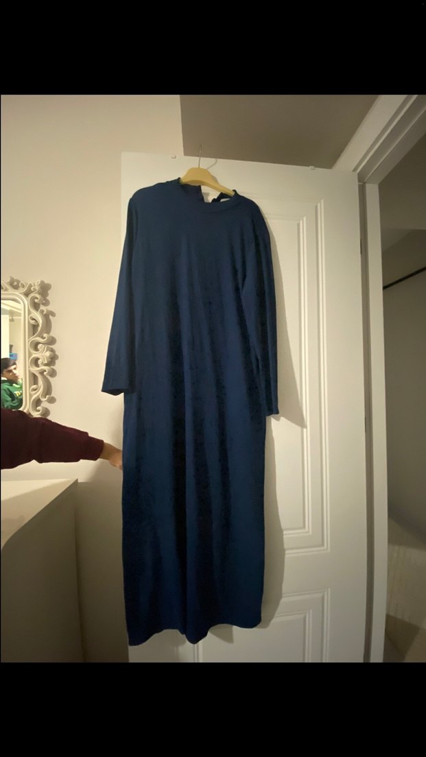 Lacivert Uzun Kollu Salaş Keten Elbise - Görsel 3