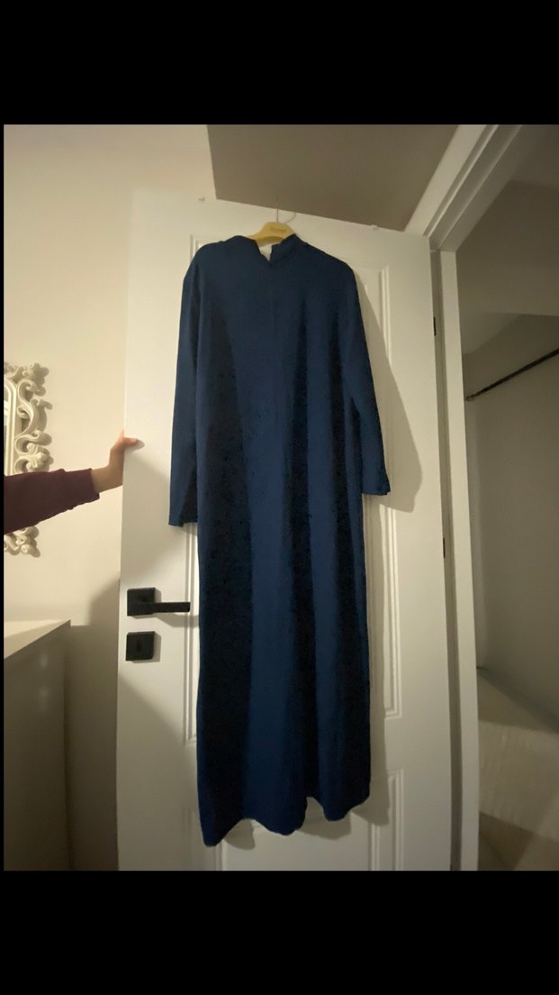 Lacivert Uzun Kollu Salaş Keten Elbise - Görsel 2