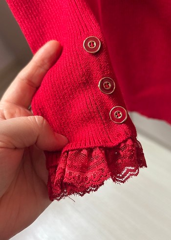 On fashion Düğmeli Kırmızı Triko Kadın Kazak - Görsel 4