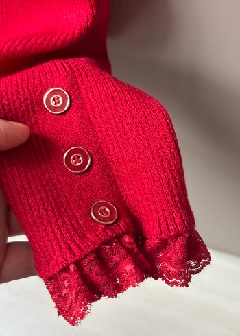 On fashion Düğmeli Kırmızı Triko Kadın Kazak - Görsel 3