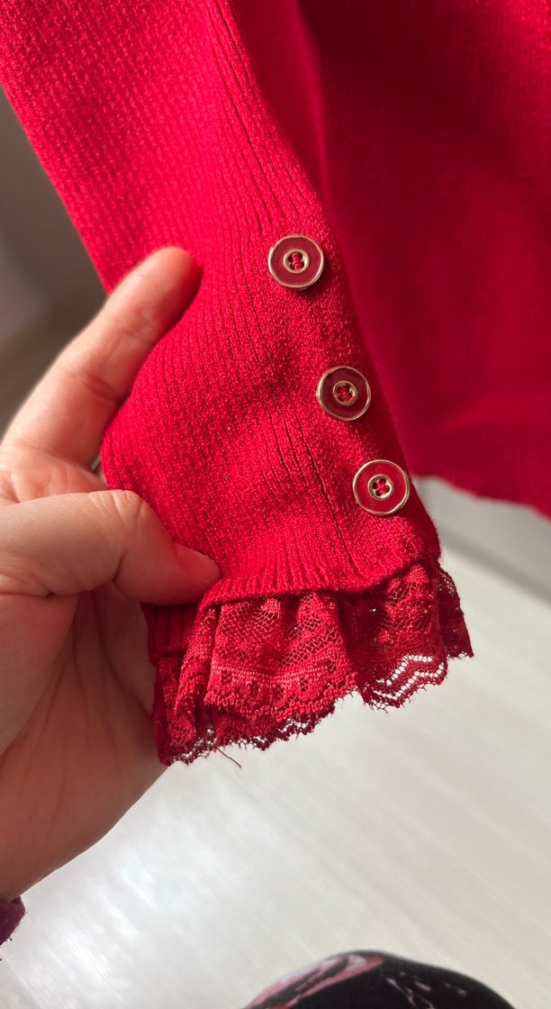 On fashion Düğmeli Kırmızı Triko Kadın Kazak - Görsel 4