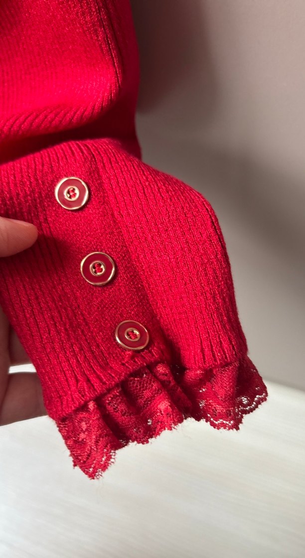 On fashion Düğmeli Kırmızı Triko Kadın Kazak - Görsel 3