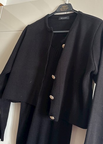 Accort Siyah Pilili Uzun V Yaka Kadın Elbise ve kısa hırka - Görsel 8