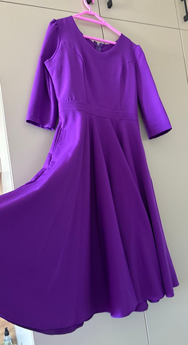 Mor Midi V Yakalı Salaş Elbise - Görsel 4