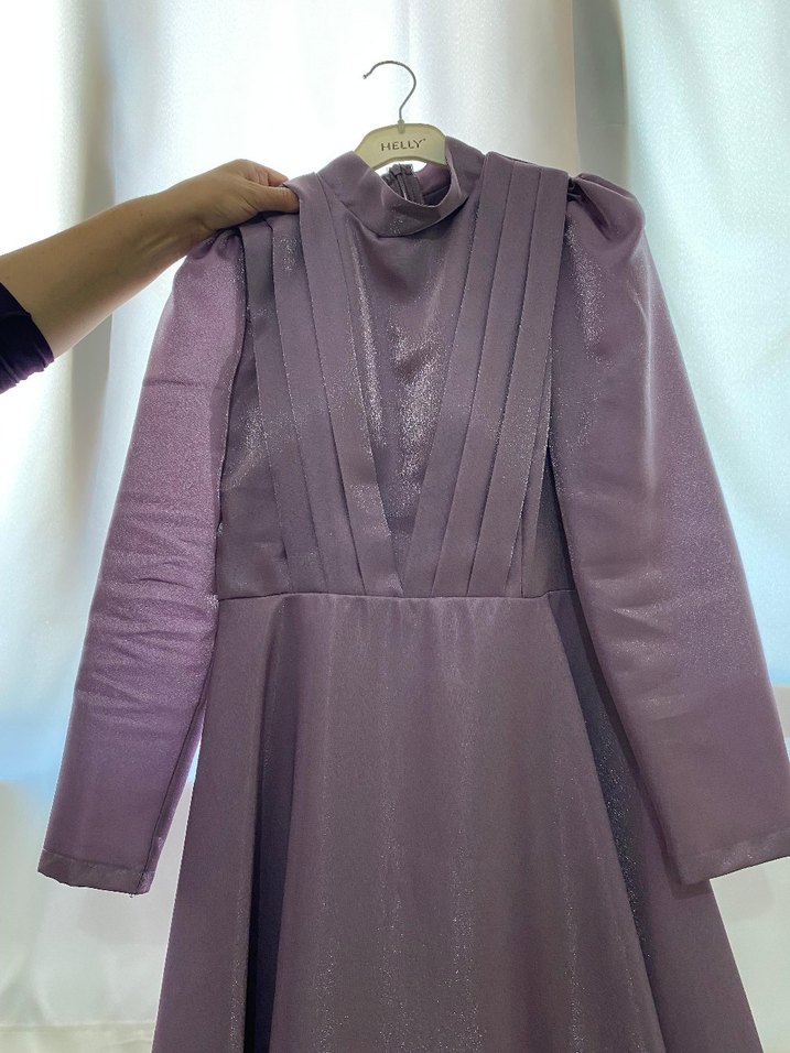 Uzun Mor Saten Abiye Elbise - Görsel 2