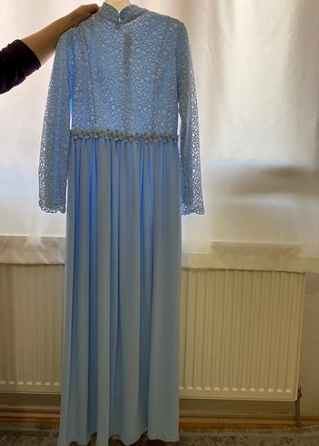 Uzun Kollu Mavi Dantel Uzun Abiye Elbise - Görsel 2