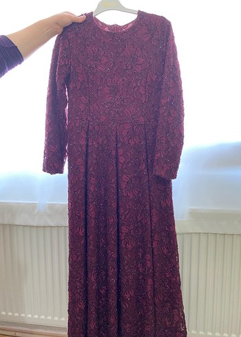 Bordo Uzun Kollu Dantel Abiye Elbise - Görsel 2