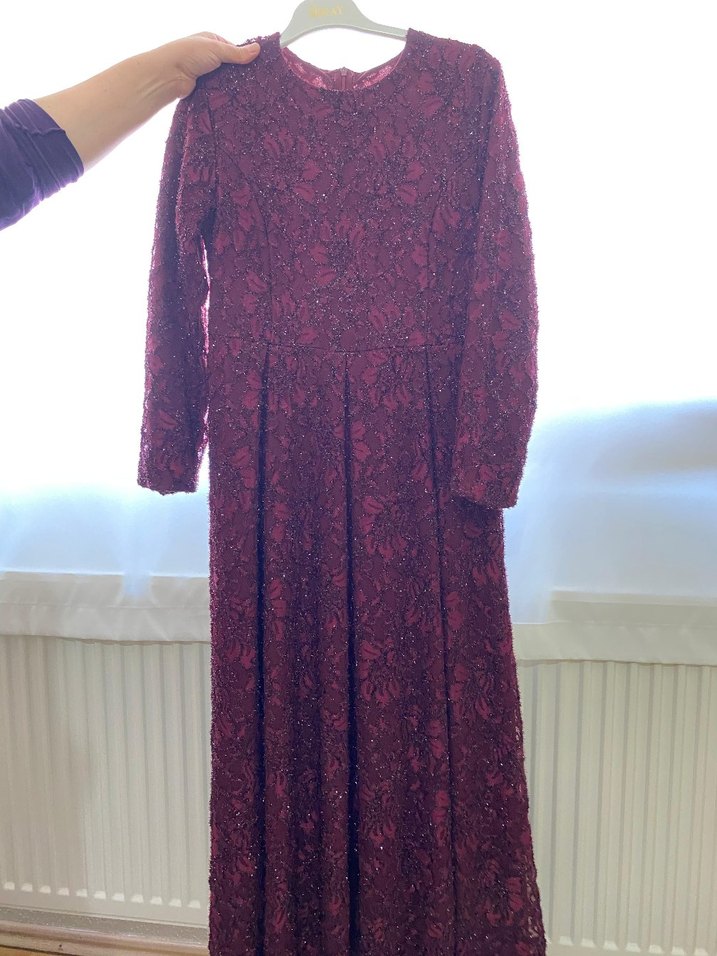 Bordo Uzun Kollu Dantel Abiye Elbise - Görsel 2