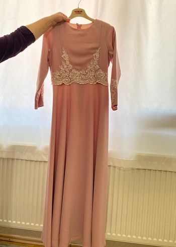 Pembe Nakışlı Uzun Kollu Drapeli Nişan Elbisesi - Görsel 2