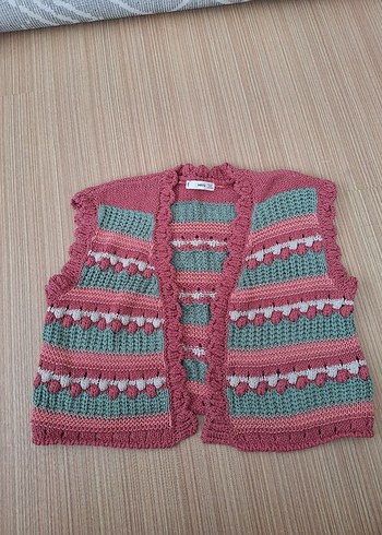 Pembe Bohem Örgü Kolsuz Mini Yelek