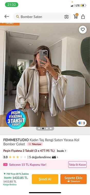 Bomber saten ceket