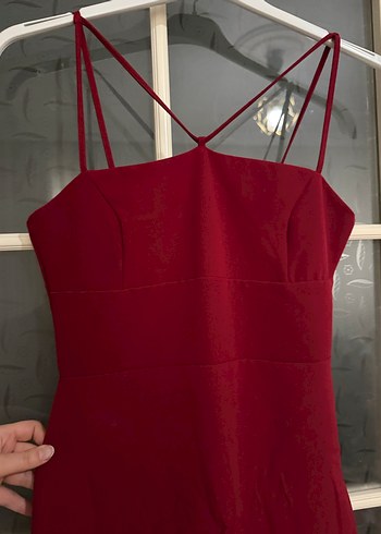 Bordo Drapeli Straplez Uzun Kadın Abiye Elbise - Görsel 4