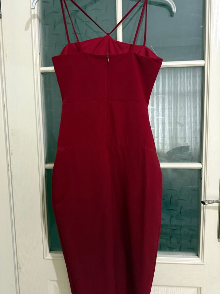 Bordo Drapeli Straplez Uzun Kadın Abiye Elbise - Görsel 5