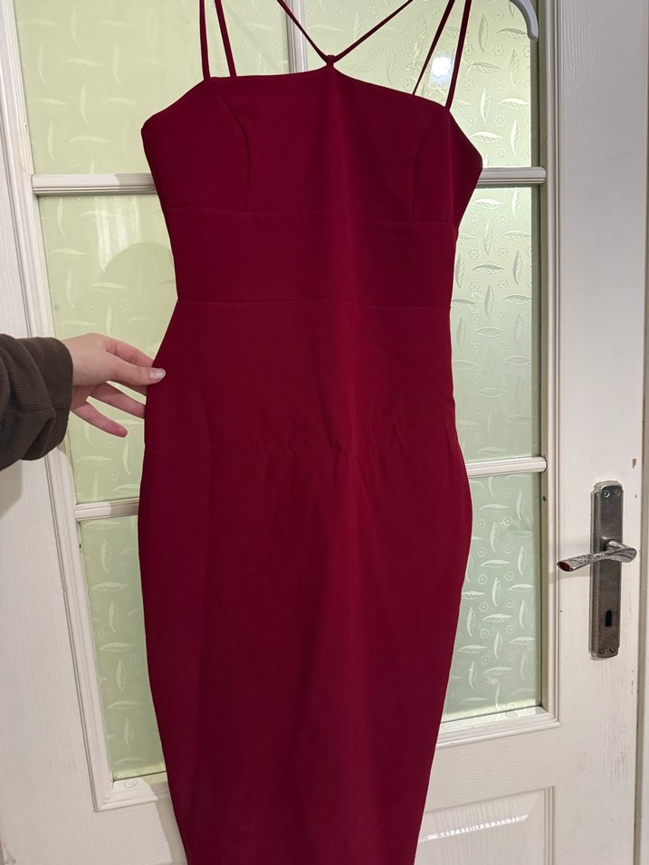 Bordo Drapeli Straplez Uzun Kadın Abiye Elbise - Görsel 3