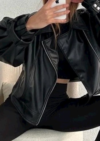 Siyah Deri Biker Ceket