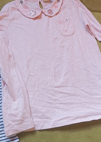 Çiçek İşlemeli Yakalı Pembe Uzun Kollu Tişört ikili fiyattır - Görsel 4