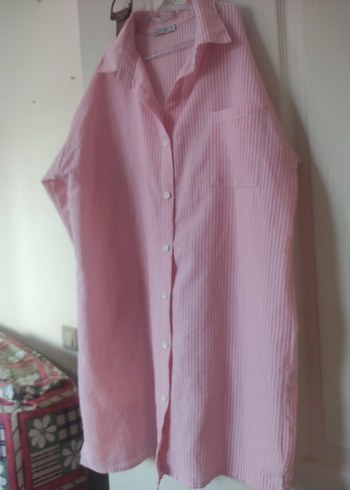 xl Beden pembe Renk Pembe Çizgili Kısa Kollu Keten Gömlek