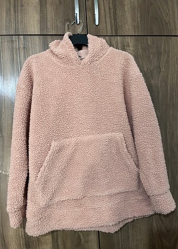 Pembe Peluş Kapüşonlu Bayan Sweatshirt