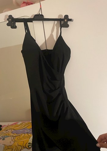 Siyah Drapeli V Yaka Midi Elbise - Görsel 2