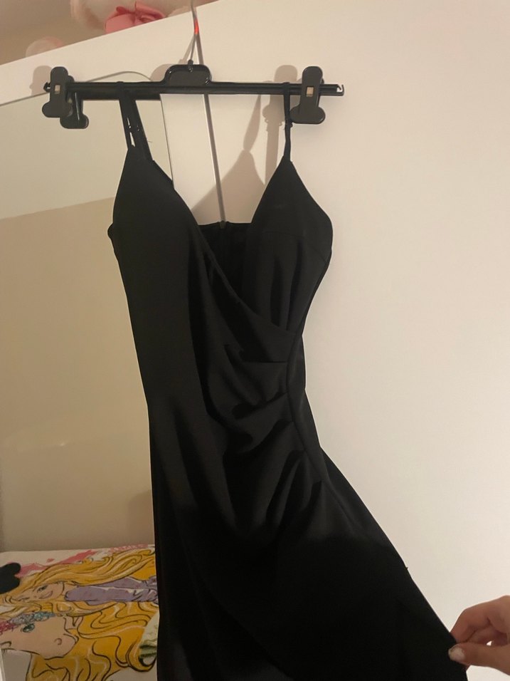 Siyah Drapeli V Yaka Midi Elbise - Görsel 2