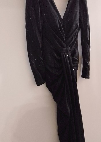 V Yaka Uzun Kollu Siyah Drapeli Abiye Elbise - Görsel 2