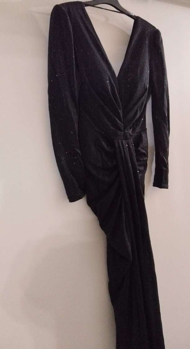 V Yaka Uzun Kollu Siyah Drapeli Abiye Elbise - Görsel 2