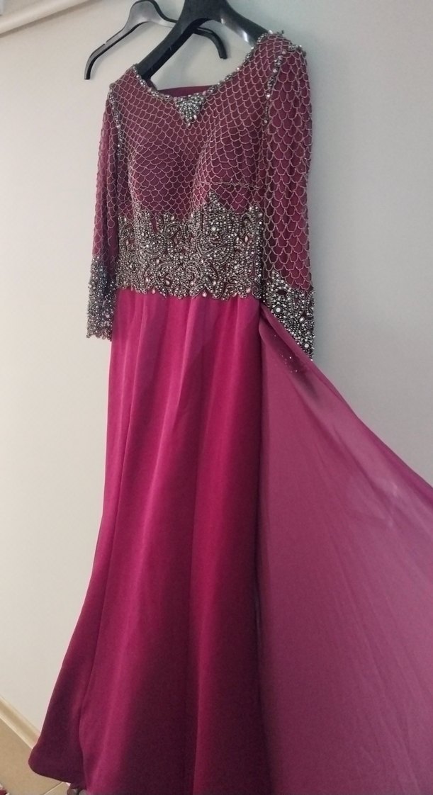 Bordo Uzun Kollu Payetli Abiye Elbise - Görsel 2