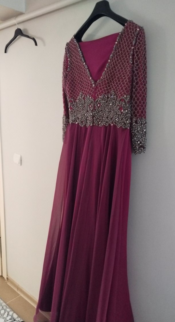 Bordo Uzun Kollu Payetli Abiye Elbise - Görsel 5