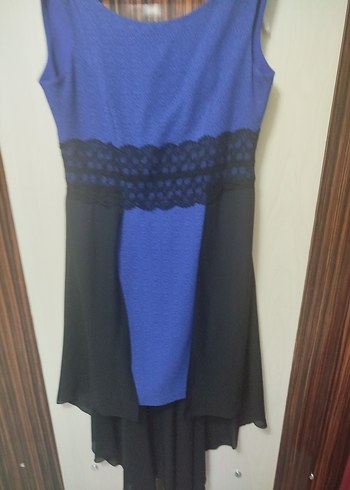 Mavi Siyah Drapeli Midi V Yaka Kadın Elbise - Görsel 3