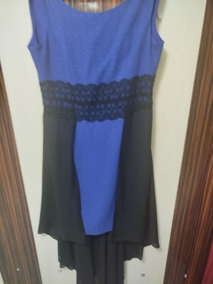 Mavi Siyah Drapeli Midi V Yaka Kadın Elbise - Görsel 3