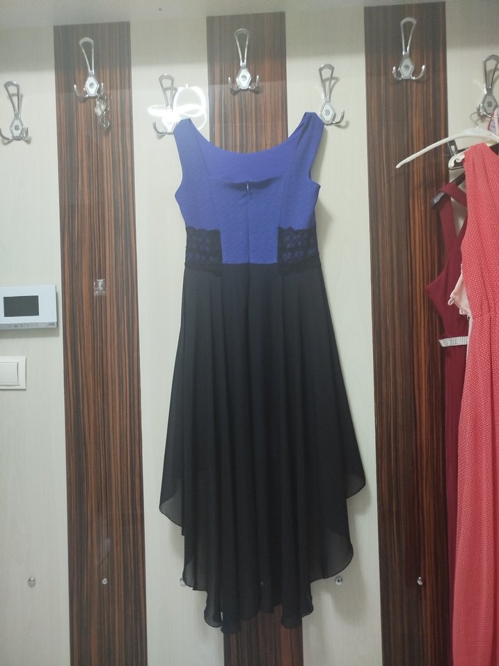 Mavi Siyah Drapeli Midi V Yaka Kadın Elbise - Görsel 2