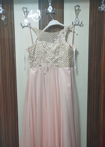 Pudra Renk İşlemeli Dantel Uzun Abiye Elbise - Görsel 2