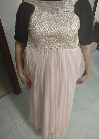 Pudra Renk İşlemeli Dantel Uzun Abiye Elbise - Görsel 3