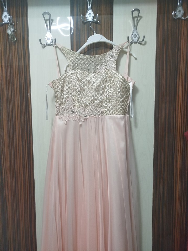 Pudra Renk İşlemeli Dantel Uzun Abiye Elbise - Görsel 2