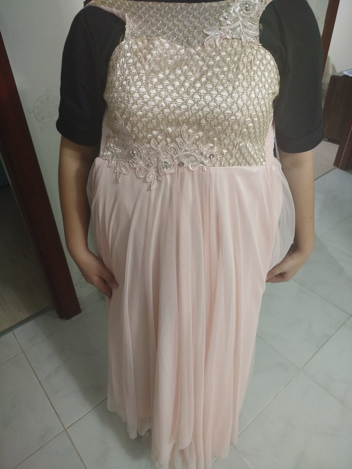 Pudra Renk İşlemeli Dantel Uzun Abiye Elbise - Görsel 3