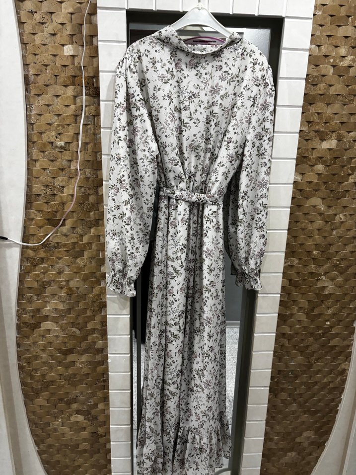 Kuşaklı Gri Bohem Elbise kadın çiçekli şıfon tesettür elbise - Görsel 2