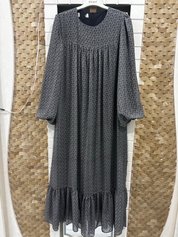 Çiçekli kadın şifon tesettür Kemerli Uzun Elbise - Görsel 4