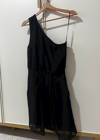 MANGO Siyah Drapeli Mini Tek Omuz Elbise - Görsel 3