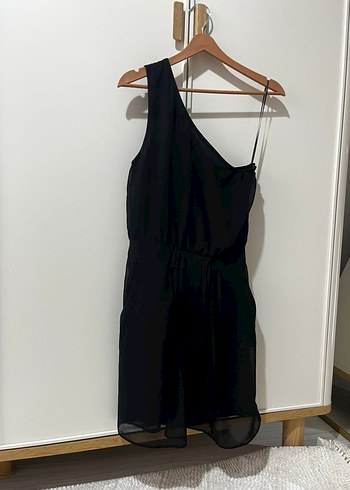 MANGO Siyah Drapeli Mini Tek Omuz Elbise - Görsel 4