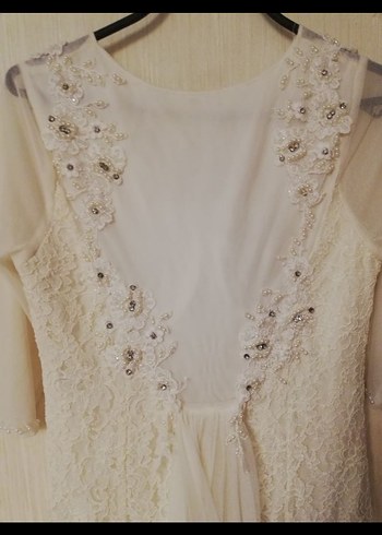 Dantel Ve Taş İşleme Detaylı Uzun Krem Rengi Abiye Elbise - Görsel 7