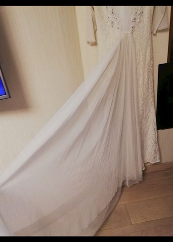 Dantel Ve Taş İşleme Detaylı Uzun Krem Rengi Abiye Elbise - Görsel 5