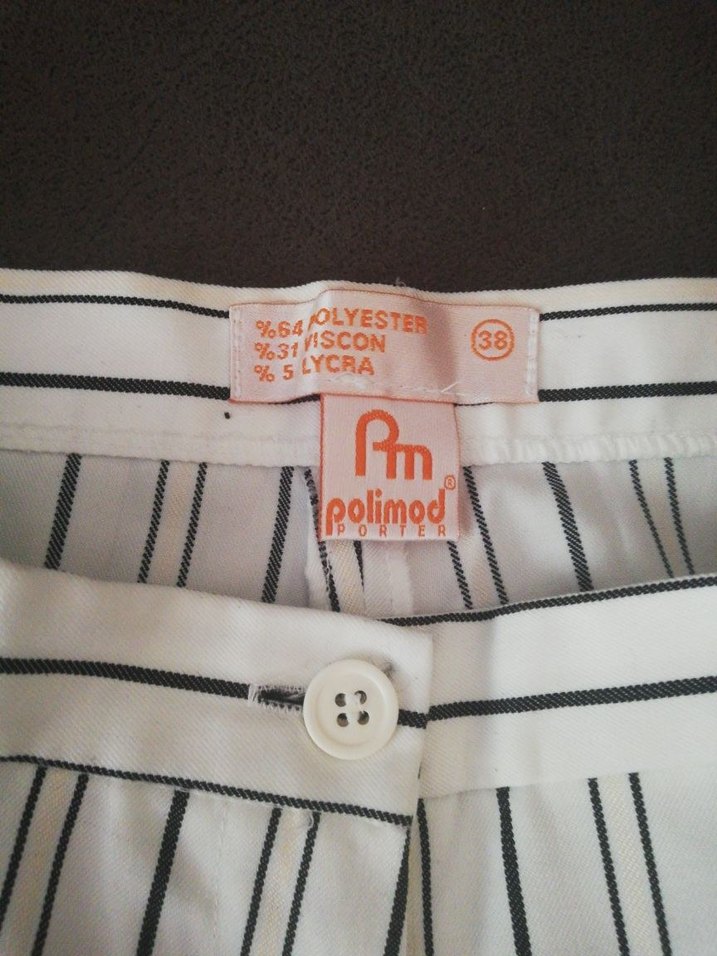 Beyaz Çizgili Duble paça Kadın kapri Kumaş Pantolon - Görsel 2