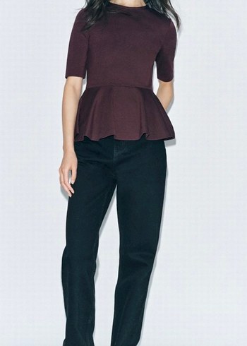 Bordo Kısa Kollu Fırfırlı Bluz - Görsel 4