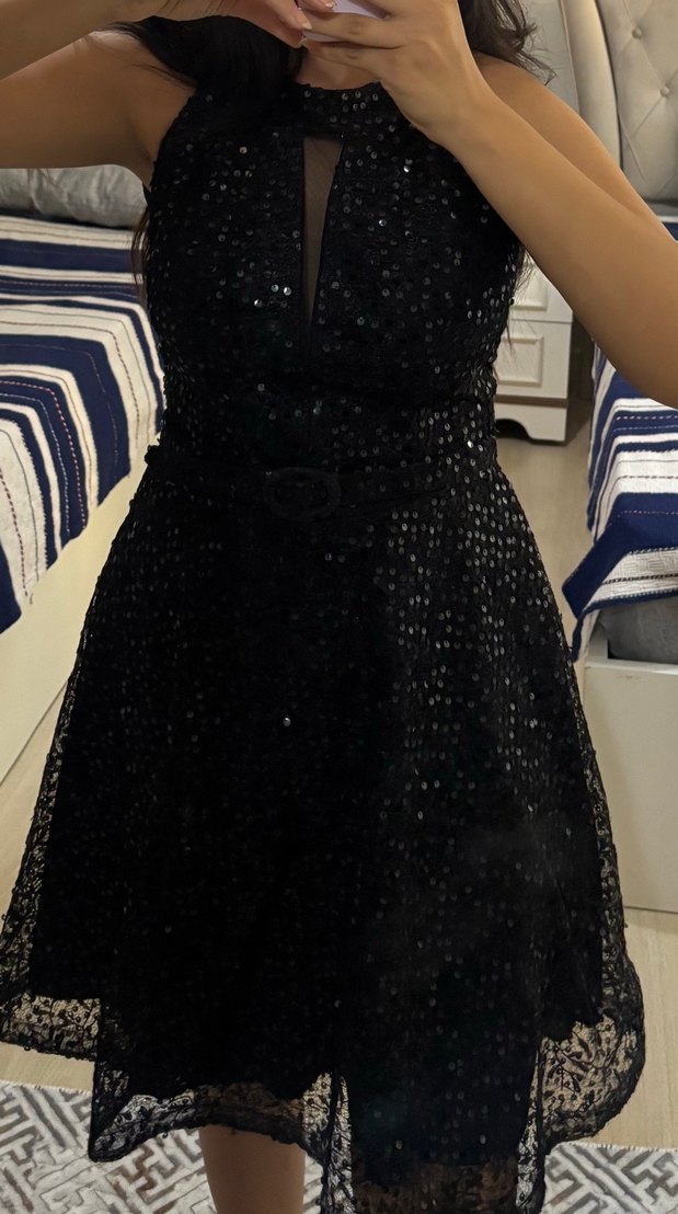 Nakışlı Siyah Midi Abiye Elbise - Görsel 2