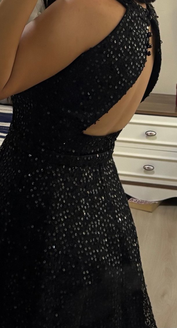 Nakışlı Siyah Midi Abiye Elbise - Görsel 5