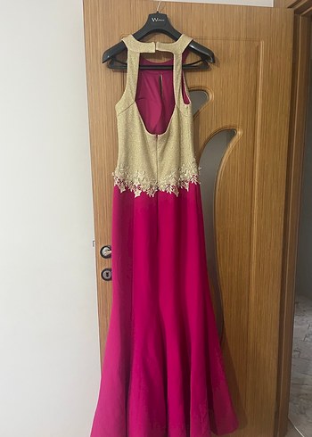 Uzun Kollu Dantel Detaylı Pembe Abiye Elbise - Görsel 2