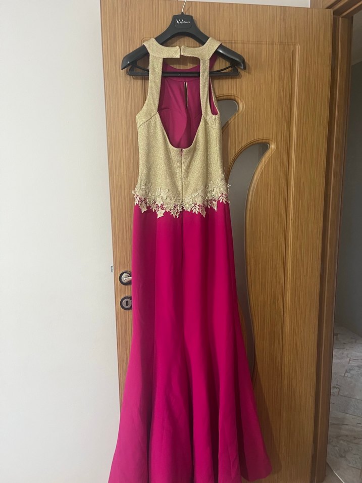 Uzun Kollu Dantel Detaylı Pembe Abiye Elbise - Görsel 2