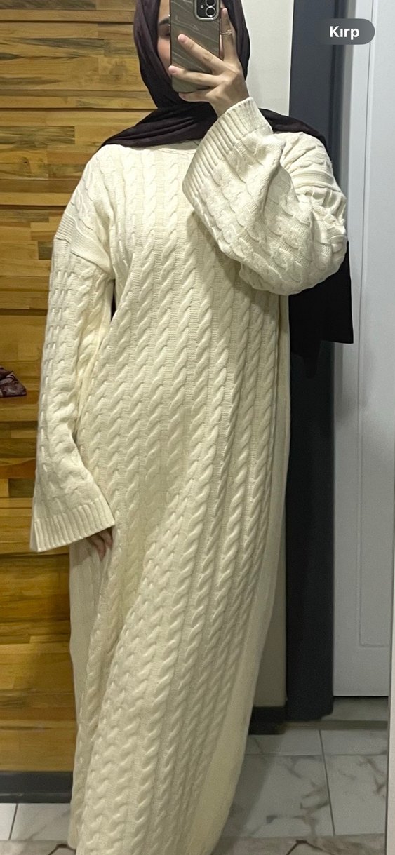 Bej Bohem Uzun Triko Elbise - Görsel 2